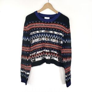 Topshop Sweater Women 12 Black Silver Sequin Stripe Fair Isle Crop Pullover